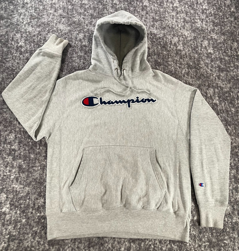 Champion Y2K Reverse Weave Hoodie Gray Chenille Script Logo Mens M